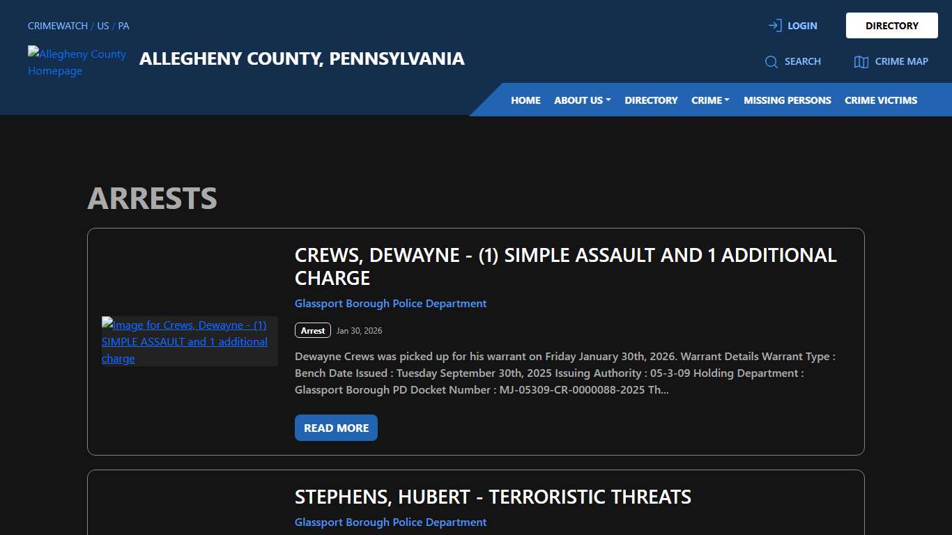 Arrests for Allegheny County, Pennsylvania CRIMEWATCH
