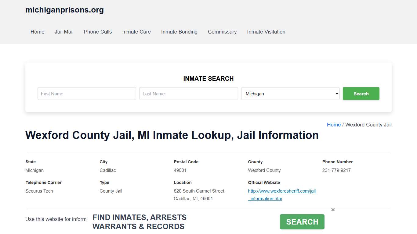 Wexford County Jail, MI - Offender Locator, Contacts, Inmate Info